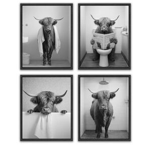 Highland Cow Black & White Bathroom Wall Art Set of 4